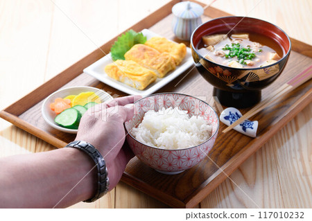This is a Japanese dish: Natto soup (natto miso soup and rice) breakfast image 117010232