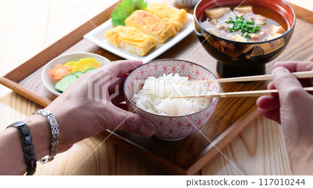 This is a Japanese dish: Natto soup (natto miso soup and rice) breakfast image 117010244