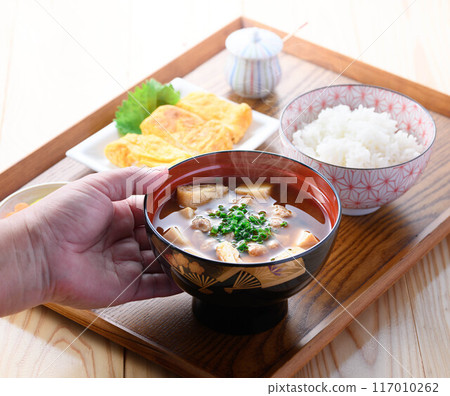 This is a Japanese dish: Natto soup (natto miso soup and rice) breakfast image This is a Japanese dish: Natto soup (natto miso soup and rice) breakfast image 117010262