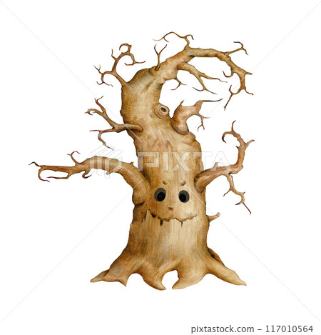 Old dry tree with spooky face painted illustration. Vintage style hand drawn tree with curved branches Halloween magic decor element. Old crooked oak with bald twigs element on white background 117010564