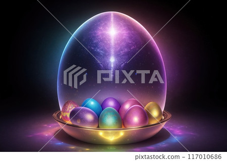 Magic glossy eggs on the dark background. 117010686