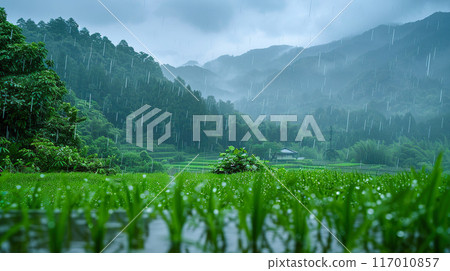 Japanese mountain forest rural landscape in the rainy season 117010857