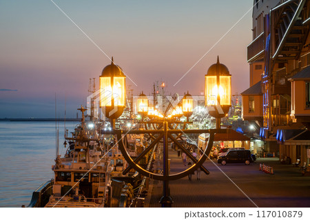 沐浴在夕陽下的海邊路燈 117010879