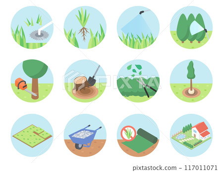 Landscaping and gardening related flat icon set 117011071