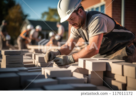 Skilled Construction Worker in White Helmet on a Private Residential Housing Project. created with Generative AI 117011172