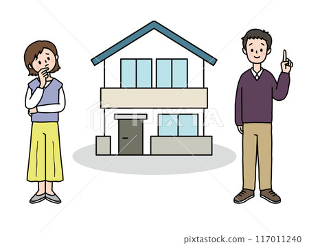 A woman with a worried expression and a man with a satisfied expression at his home 117011240