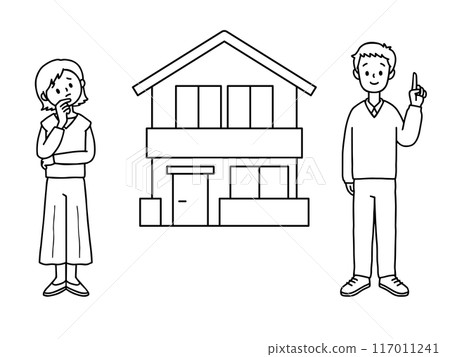 A woman with a worried expression and a man with a satisfied expression, my home, line drawing 117011241