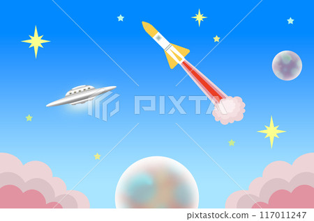 Illustration of a rocket and UFO flying in the sky 117011247