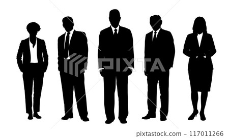 Business people group black silhouettes pose on white background, flat line vector and illustration. 117011266