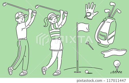 A simple illustration of a man and woman swinging a golf ball 117011447