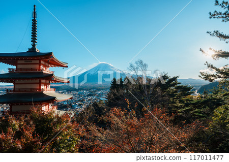 Mount Fuji view at Chureito Pagoda in Autumn season, Mt Fujisan in Arakurayama Sengen Park, Yamanashi, Japan. Landmark for tourists attraction. Japan Travel, Destination, Vacation and Mount Fuji Day 117011477