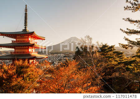 Mount Fuji view at Chureito Pagoda in Autumn season, Mt Fujisan in Arakurayama Sengen Park, Yamanashi, Japan. Landmark for tourists attraction. Japan Travel, Destination, Vacation and Mount Fuji Day Mount Fuji view at Chureito Pagoda in Autumn season, Mt Fujisan in Arakurayama Sengen Park, Yamanashi, Japan. Landmark for tourists attraction. Japan Travel, Destination, Vacation and Mount Fuji Day 117011478