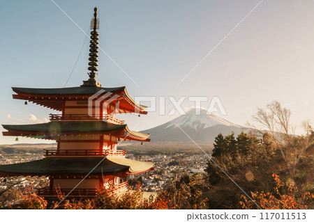 Mount Fuji view at Chureito Pagoda in Autumn season, Mt Fujisan in Arakurayama Sengen Park, Yamanashi, Japan. Landmark for tourists attraction. Japan Travel, Destination, Vacation and Mount Fuji Day 117011513