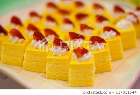 Beautiful multicolored decorated baked sweet tasty party cakes or catering cakes for party, bar dessert selection with cake, pie and pastries catering banquet, coffee break buffet at a conference 117011544