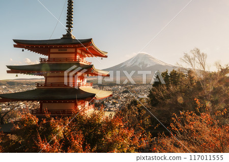 Mount Fuji view at Chureito Pagoda in Autumn season, Mt Fujisan in Arakurayama Sengen Park, Yamanashi, Japan. Landmark for tourists attraction. Japan Travel, Destination, Vacation and Mount Fuji Day Mount Fuji view at Chureito Pagoda in Autumn season, Mt Fujisan in Arakurayama Sengen Park, Yamanashi, Japan. Landmark for tourists attraction. Japan Travel, Destination, Vacation and Mount Fuji Day 117011555