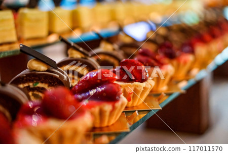 Beautiful multicolored decorated baked sweet tasty party cakes or catering cakes for party, bar dessert selection with cake, pie and pastries catering banquet, coffee break buffet at a conference 117011570