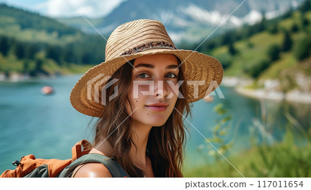 Portrait of young woman in summer hat. 117011654