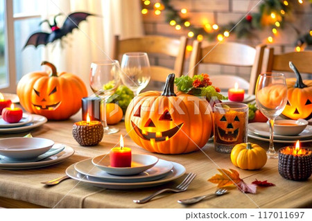 Halloween holiday. Festive table with pumpkins,candles awaiting guests 117011697