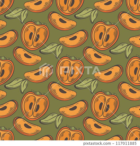 Halves of ripe persimmon on green background Halves of ripe persimmon on green background 117011885