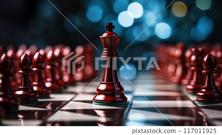 Red king chess piece standing on chessboard surrounded by other pieces. Concept of strategy, leadership, challenge, and victory. 117011925