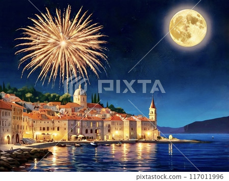 Fireworks in a port town lined with European buildings Fireworks in a port town lined with European buildings 117011996