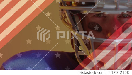Image of caucasian american football player and flag of usa 117012108