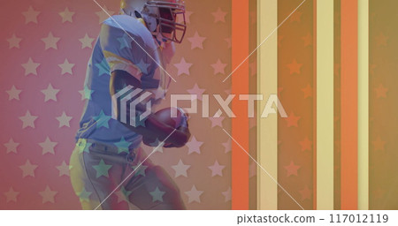 Image of african american american football player with ball and flag of usa 117012119