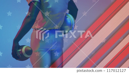 Image of african american american football player with ball and helmet and flag of usa Image of african american american football player with ball and helmet and flag of usa 117012127