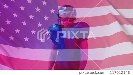 Image of african american american football player and flag of usa Image of african american american football player and flag of usa 117012148