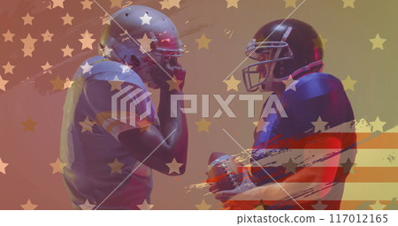 Image of diverse american football players with ball and flag of usa Image of diverse american football players with ball and flag of usa 117012165