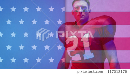 Image of african american american football player with ball and flag of usa 117012176
