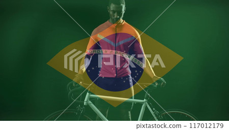 Image of flag of brazil over african american male biker 117012179