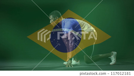 Image of flag of brazil over african american male athlete Image of flag of brazil over african american male athlete 117012181