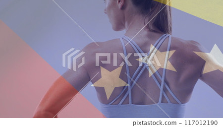 Image of flag of venezuela over caucasian female athlete Image of flag of venezuela over caucasian female athlete 117012190
