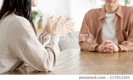 Couple having a serious conversation in the living room Couple having a serious conversation in the living room 117012203