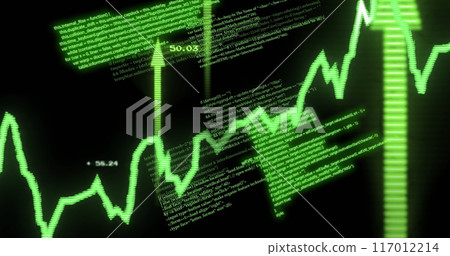 Image of financial data processing with arrows over black background 117012214
