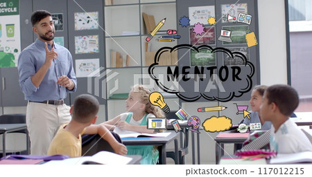 Mentor text with educational icons over teacher instructing students in classroom, image Mentor text with educational icons over teacher instructing students in classroom, image 117012215