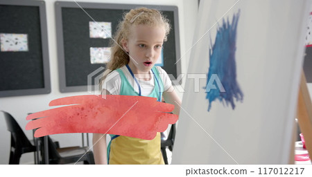 Painting on canvas, young girl in classroom with red brushstroke image Painting on canvas, young girl in classroom with red brushstroke image 117012217