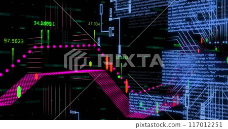 Image of financial data processing over circuit board background Image of financial data processing over circuit board background 117012251