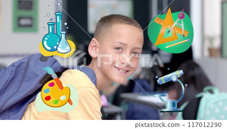 Smiling boy with backpack, surrounded by image of school supplies and science tools Smiling boy with backpack, surrounded by image of school supplies and science tools 117012290
