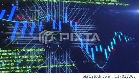 Image of financial data processing over circuit board background 117012303