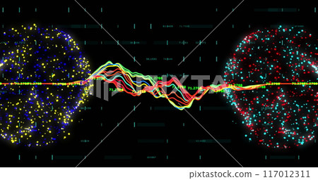 Image of financial data processing and globes with connections over black background Image of financial data processing and globes with connections over black background 117012311