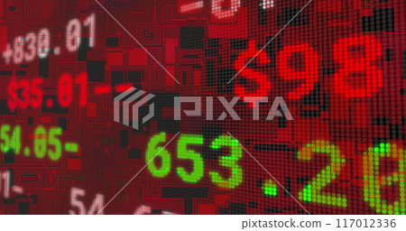 Image of financial data processing over circuit board on black background Image of financial data processing over circuit board on black background 117012336