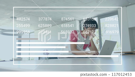 Image of financial data processing over asian businessman in office Image of financial data processing over asian businessman in office 117012453