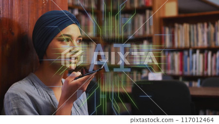 Image of ai text and data over biracial female student in hijab with smartphone 117012464