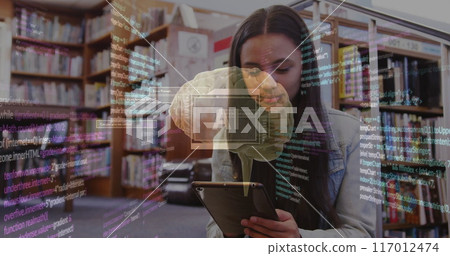 Image of ai text and data over biracial female student in hijab with tablet 117012474