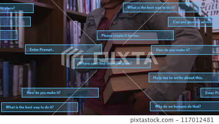 Image of ai text and data over biracial female student in hijab with books 117012481