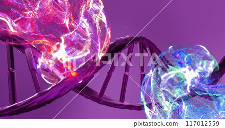 DNA strand with glowing particles and molecular structures, scientific image DNA strand with glowing particles and molecular structures, scientific image 117012559