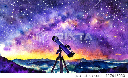 Beautiful starry sky and telescope watercolor illustration, astronomy observation image background 117012630