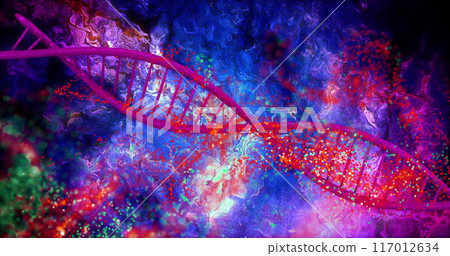 DNA strand and colorful particles, scientific data processing image DNA strand and colorful particles, scientific data processing image 117012634